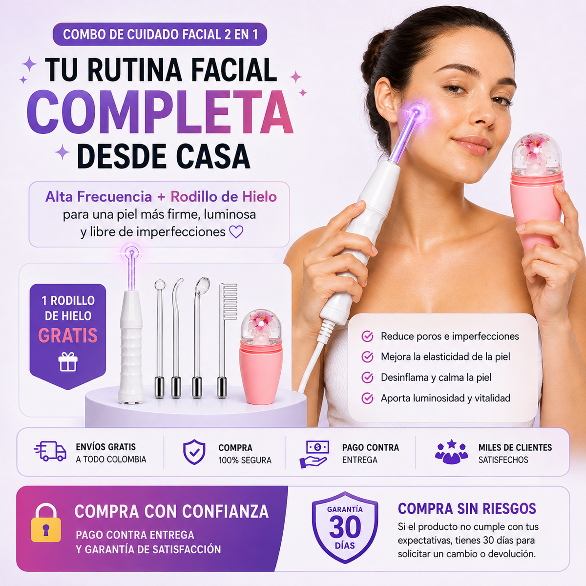 Alta Frecuencia Facial Portátil + Obsequio: Rodillo de Hielo Crioterapia